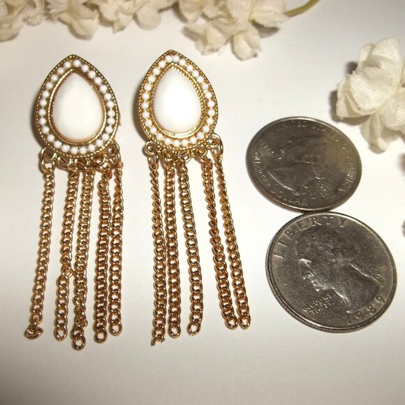 White and Gold Statement Earrings Chain Fringe Post Statement Big Bold Set D048 - Picture 2 of 4